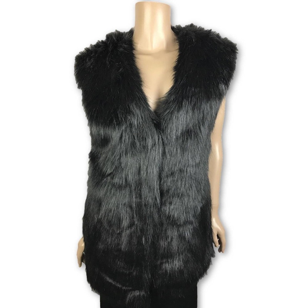 Nue 19.04 Black Faux Fur Vest Sleeveless Top Acrylic Size EUR 40 US 6 Hook/Eye